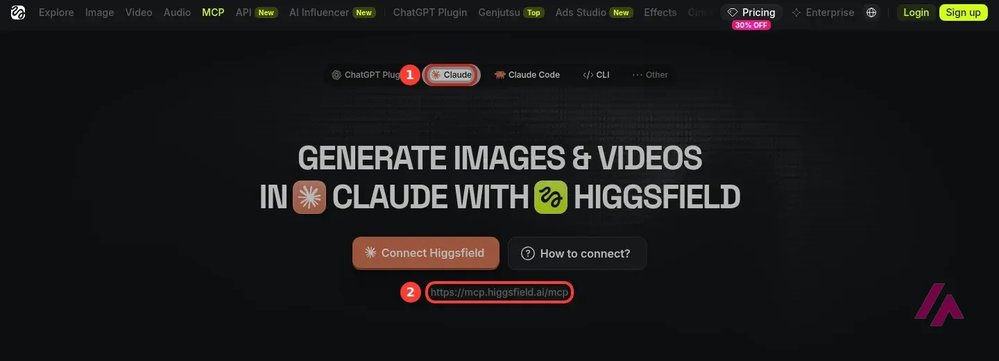 Higgsfield's MCP page with the Claude tab highlighted and numbered 1, and the MCP server URL https://mcp.higgsfield.ai/mcp highlighted and numbered 2
