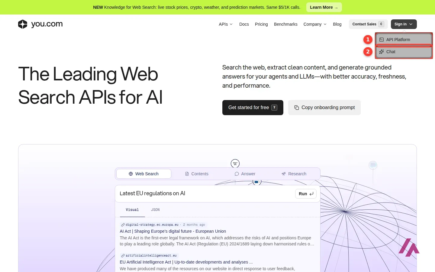 You.com home page with the Sign in menu open, showing API Platform and Chat, both highlighted