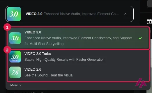 Kling AI video model menu with VIDEO 3.0 checked and highlighted as 1, and VIDEO 3.0 Turbo and VIDEO 2.6 highlighted as 2