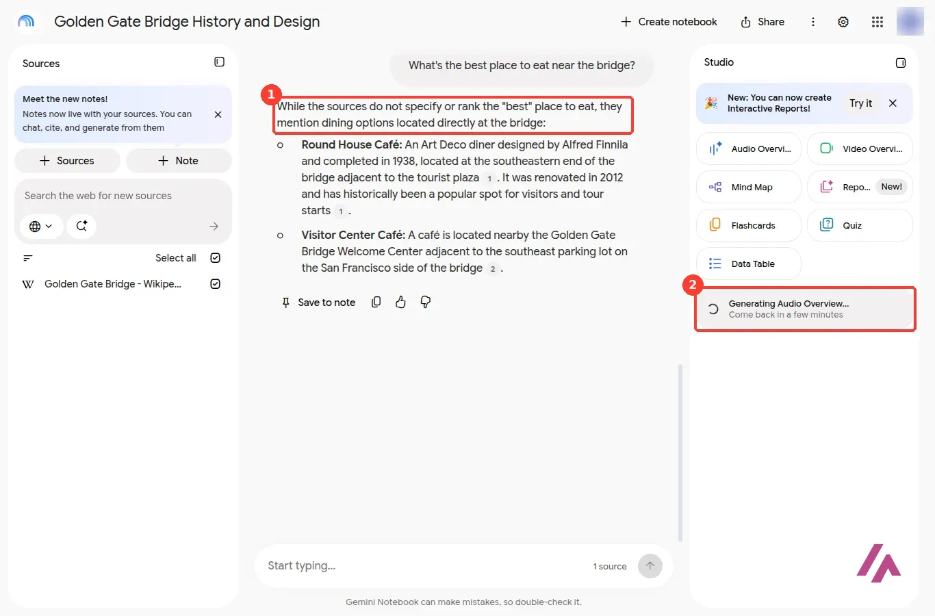 Gemini Notebook answer saying the sources do not specify or rank the best place to eat near the Golden Gate Bridge, highlighted as 1, with the Studio panel showing Generating Audio Overview, come back in a few minutes, highlighted as 2