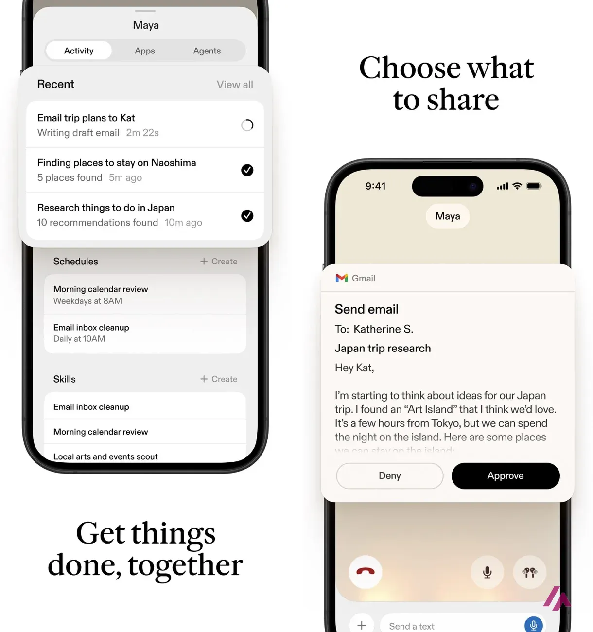 Two App Store images of the Sesame app: on the left, Maya's Activity tab with recent tasks, schedules such as Morning calendar review and skills such as Email inbox cleanup; on the right, a Gmail Send email draft with Deny and Approve buttons during a call with Maya