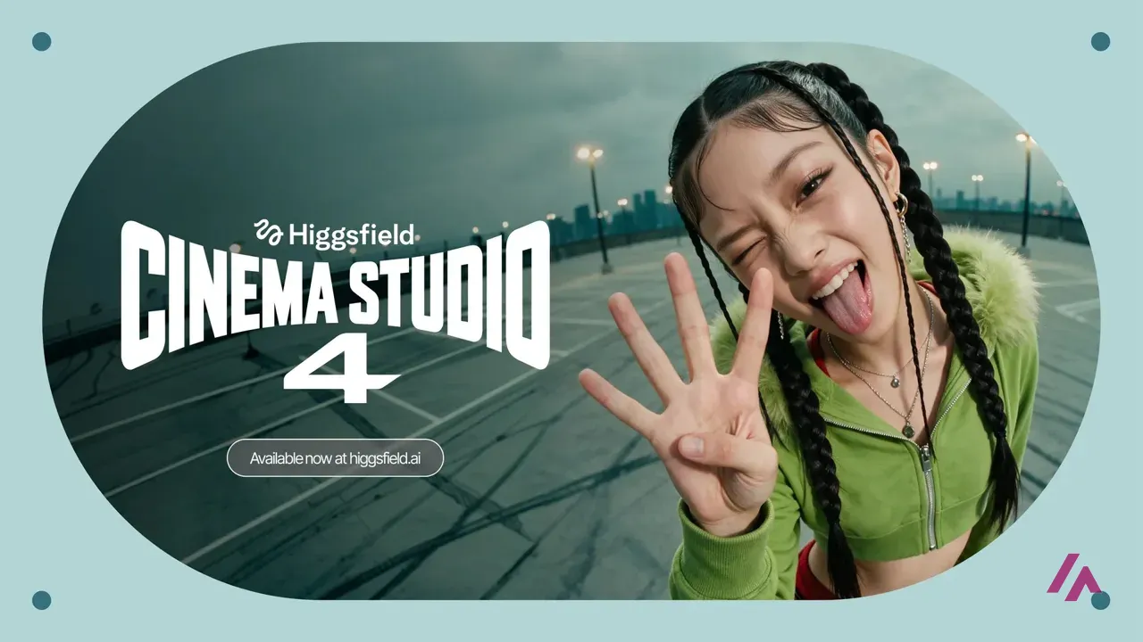 Higgsfield banner announcing Cinema Studio 4, available at higgsfield.ai, with a young woman winking and holding up four fingers on a rooftop parking lot