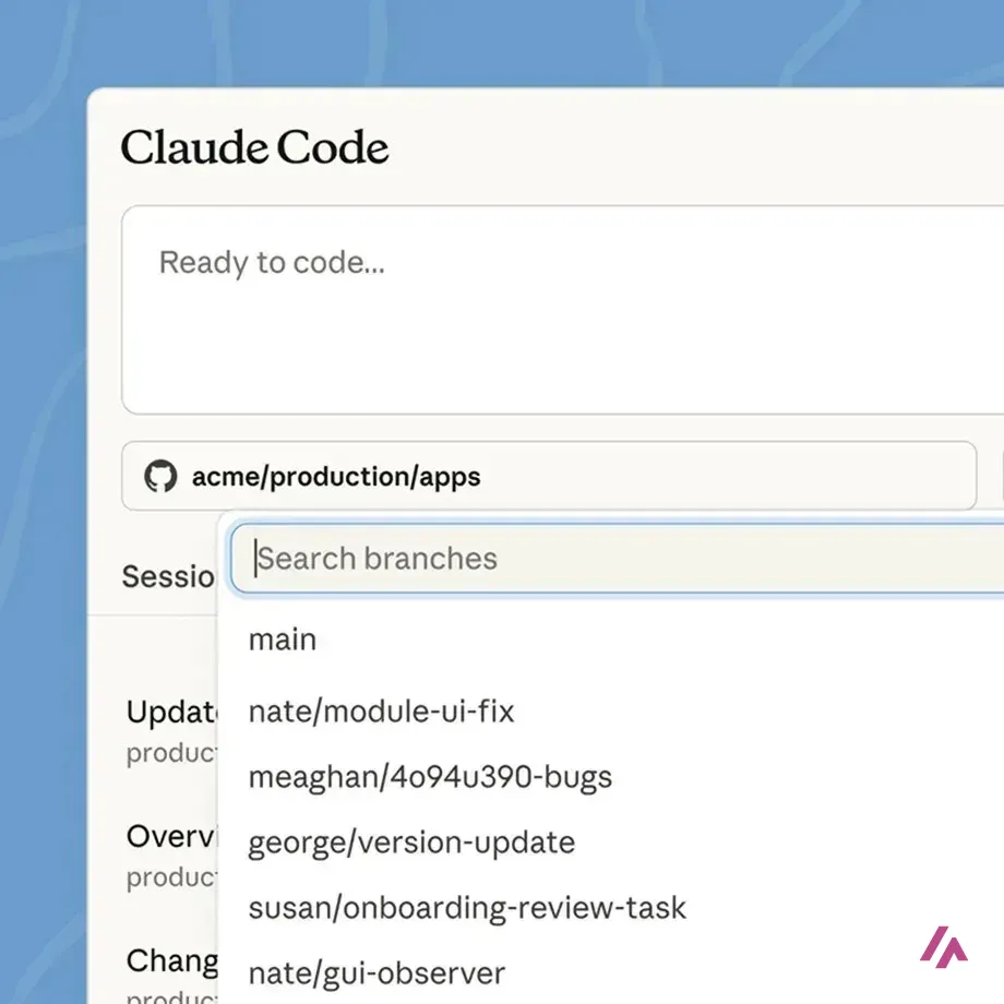 Claude Code on the web with a Ready to code prompt box, a GitHub repository named acme/production/apps and a branch picker listing main and several other branches