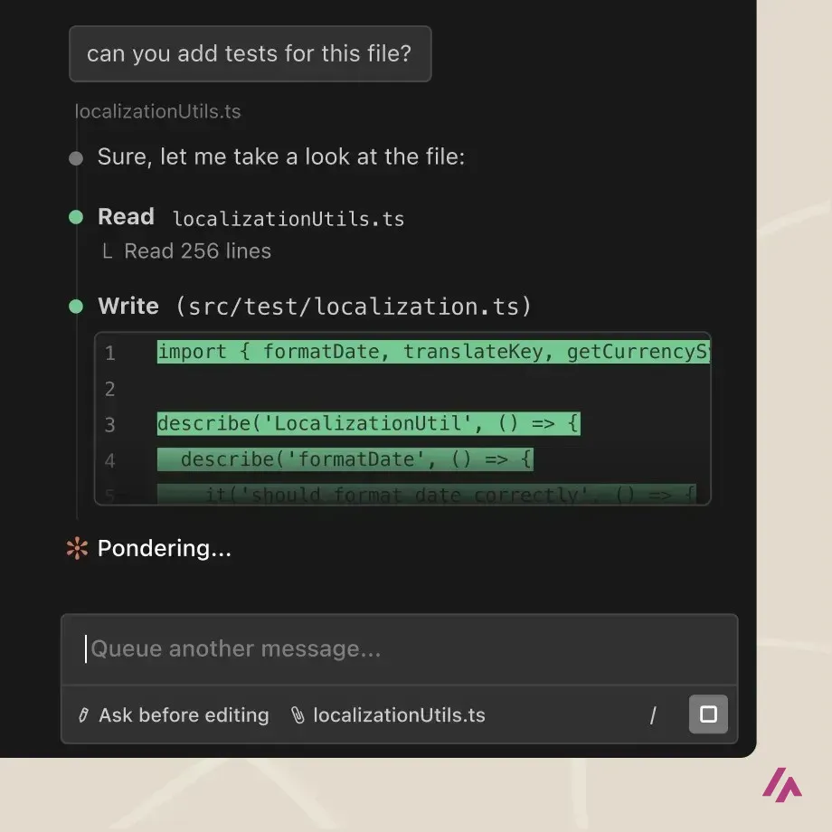 Claude Code session where the user asks can you add tests for this file, and Claude reads localizationUtils.ts and writes a new test file while it says Pondering