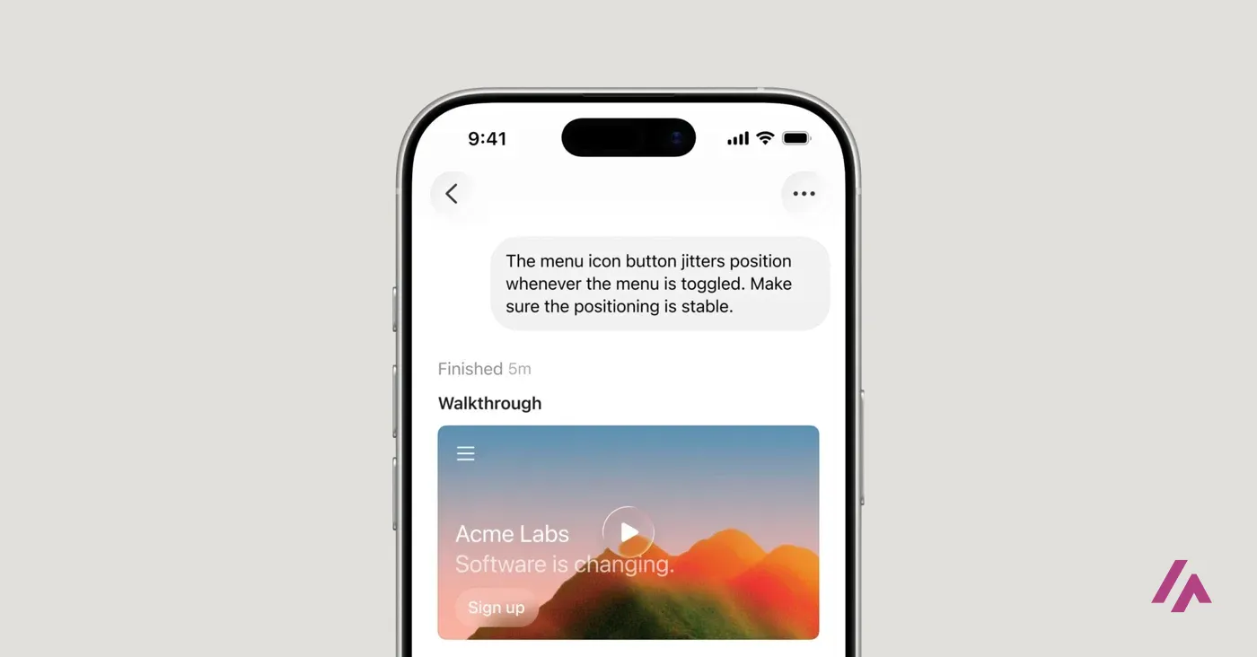 iPhone showing the Cursor app with a request about a jittering menu icon button, a Finished label and a Walkthrough video of the result