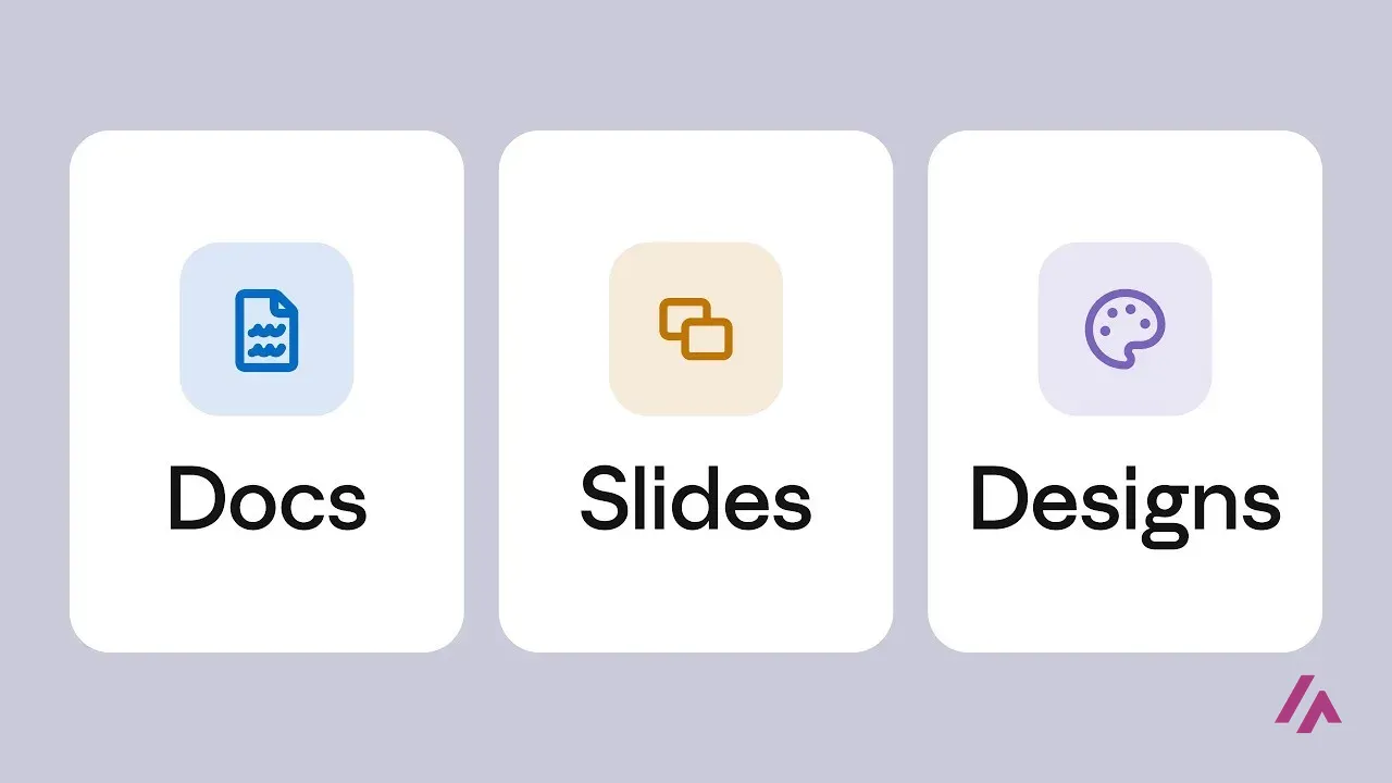 Three white cards on a lilac background labeled Docs, Slides and Designs, each with its icon