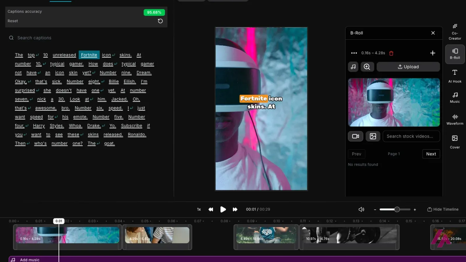 Bytecap editor as shown by the company: a word-by-word transcript on the left, a vertical clip with animated captions in the middle and a B-Roll panel on the right, with B-roll clips on the timeline