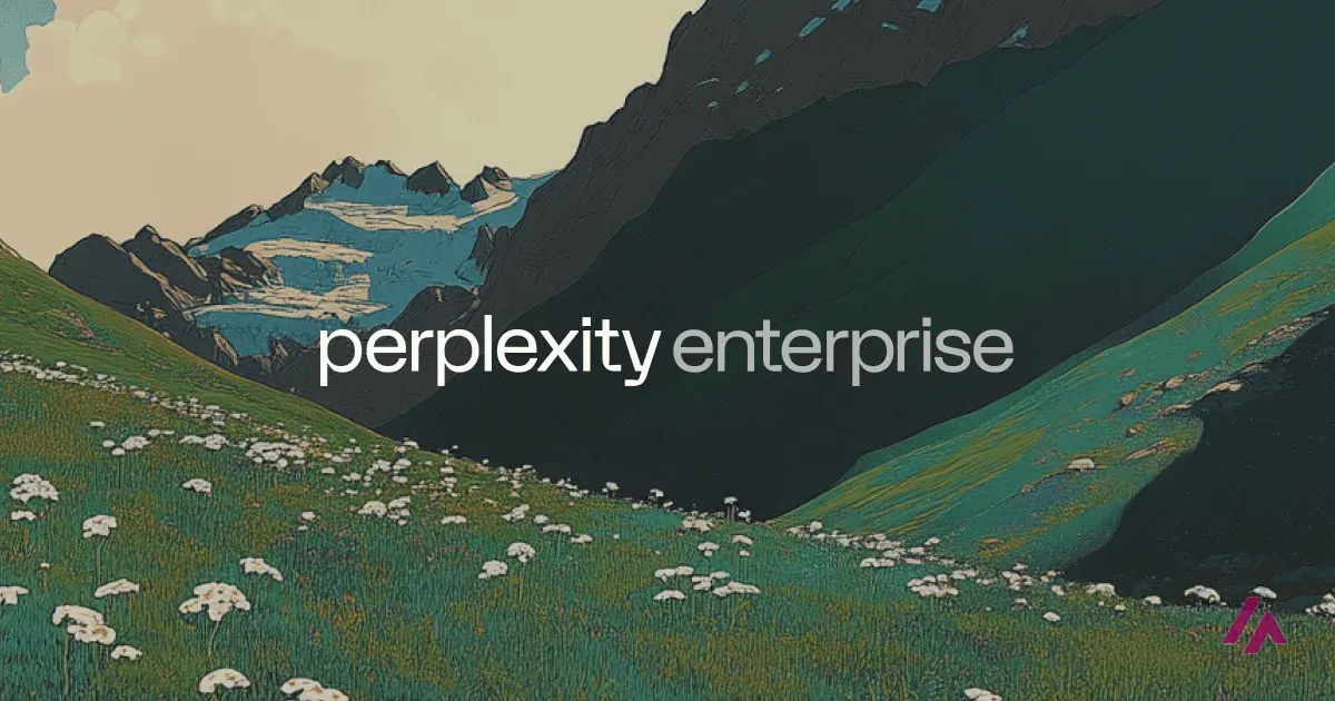 The words perplexity enterprise over an illustration of a green mountain valley with white wildflowers
