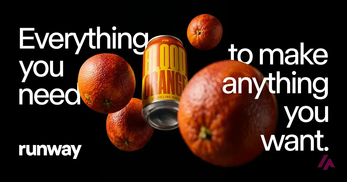 Runway banner reading Everything you need to make anything you want, with blood oranges and a Blood Orange sparkling soda can floating on a black background