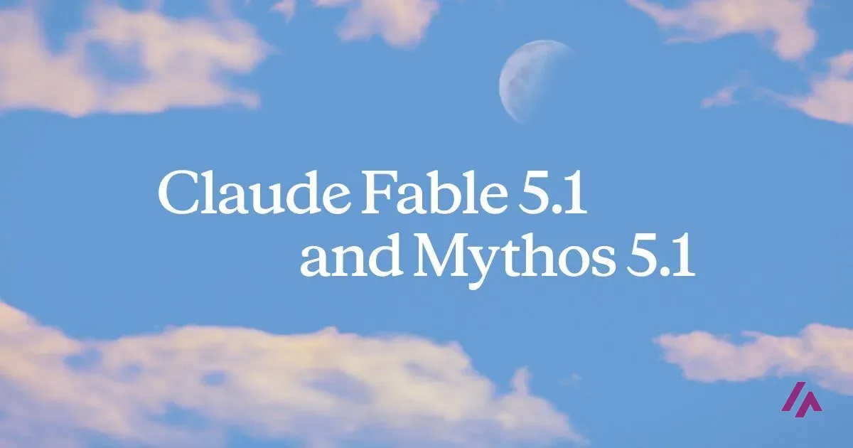 The words Claude Fable 5.1 and Mythos 5.1 in white over a blue sky with pink clouds and the moon