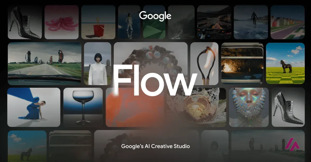 The word Flow in large white letters with the Google logo above and the line Google's AI Creative Studio below, over a grid of video stills and images such as a horse on a checkered field, a red bucket on a beach and a silver high heel