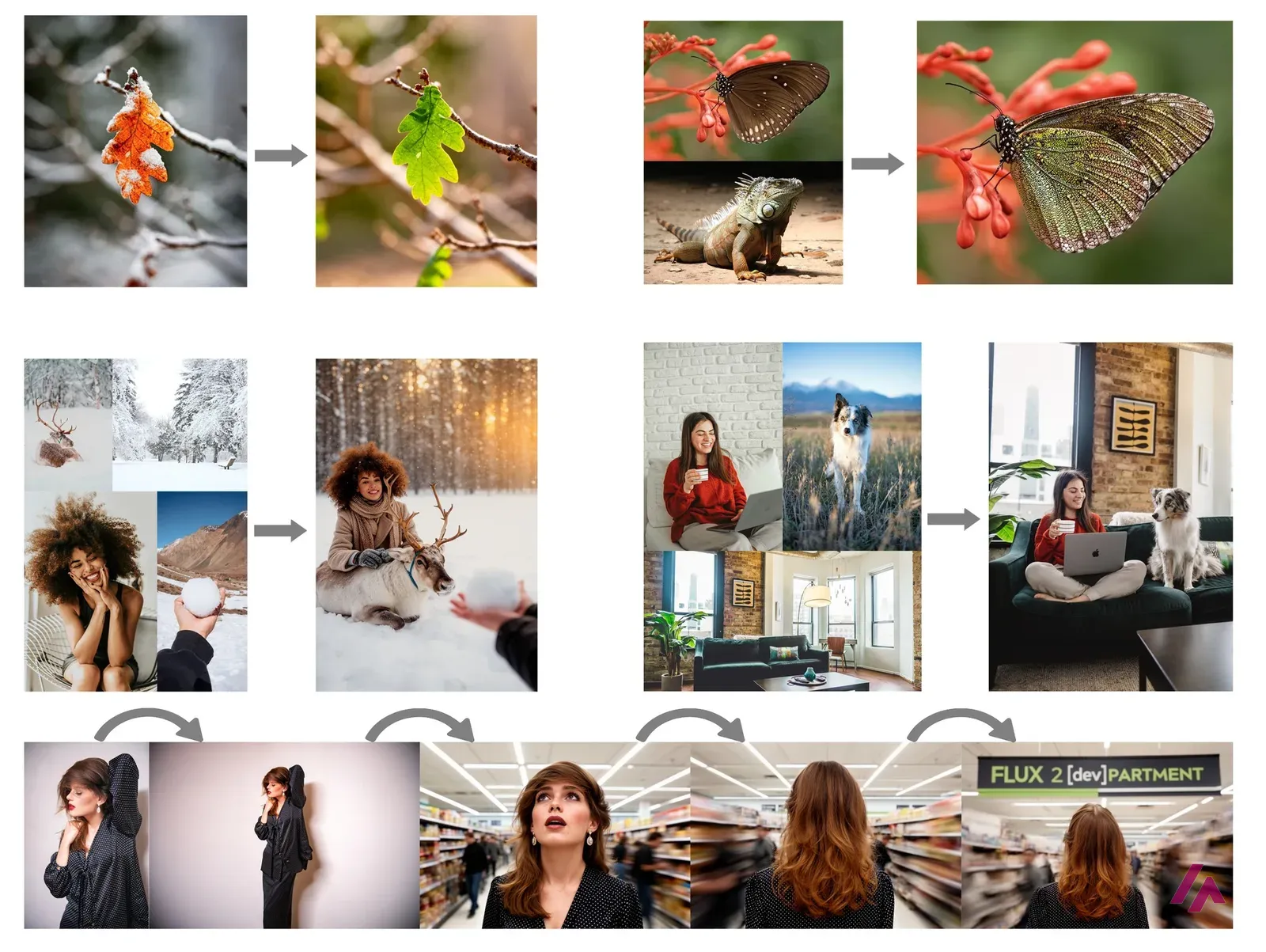 Black Forest Labs examples of FLUX.2 editing: a snowy autumn leaf turned green, a butterfly given iguana-like wings, several photos combined into one scene and a woman moved step by step into a supermarket aisle