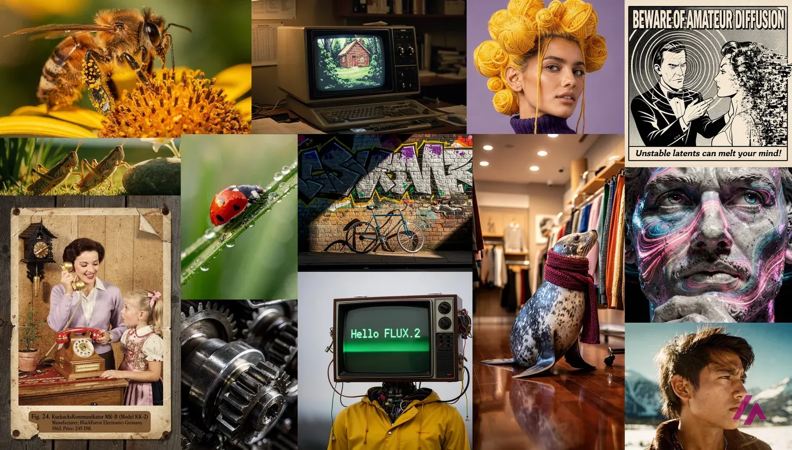 Collage of FLUX.2 sample images from Black Forest Labs: a bee on a flower, a retro computer, a vintage poster, a seal in a scarf in a clothing store and a TV-headed figure with Hello FLUX.2 on the screen