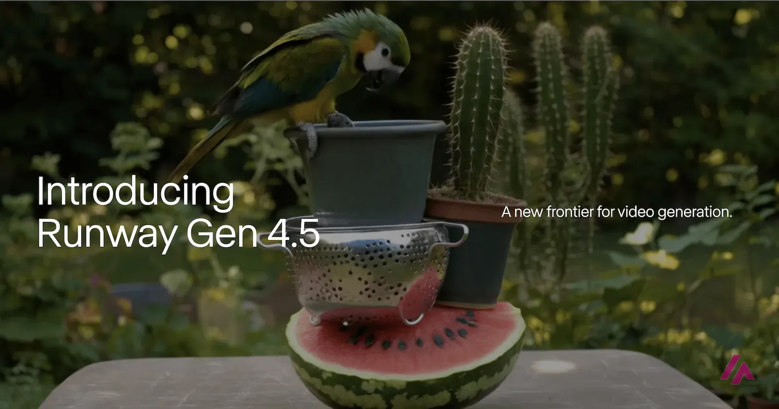 Runway banner reading Introducing Runway Gen 4.5, A new frontier for video generation, over a parrot perched on a bucket that sits on a colander next to a potted cactus, all on half a watermelon