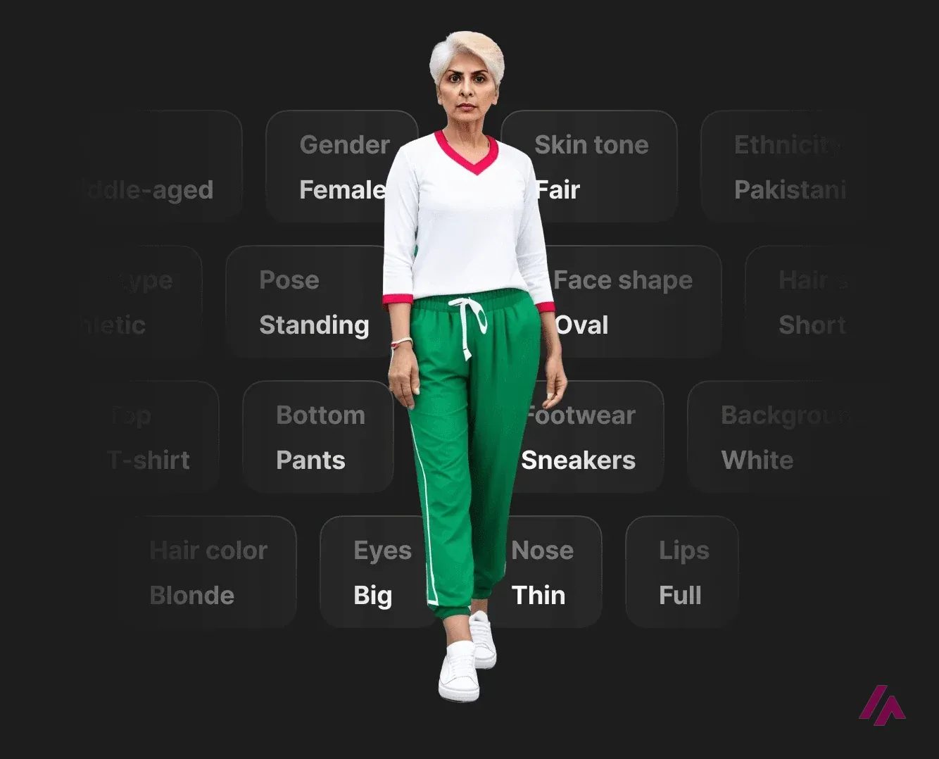 Generated Photos illustration of a full-length woman with short blonde hair in a white top, green pants and white sneakers, surrounded by setting cards such as Age: Middle-aged, Gender: Female, Pose: Standing, Top: T-shirt, Bottom: Pants, Footwear: Sneakers and Background: White