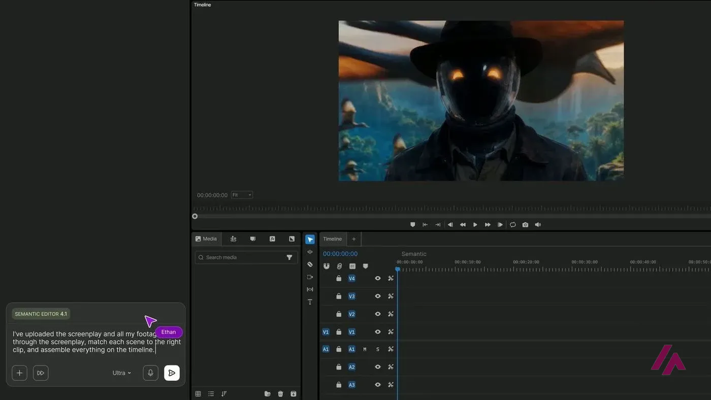 invideo editor with a chat box labeled Semantic Editor 4.1 asking the agent to match each scene of a screenplay to the right clip, next to a video preview and an empty multitrack timeline
