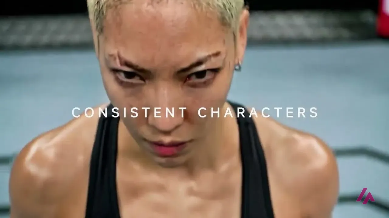 Close-up of a woman with short bleached hair in a fighting ring, with the words Consistent Characters across the frame, from the official Kling 3.0 trailer