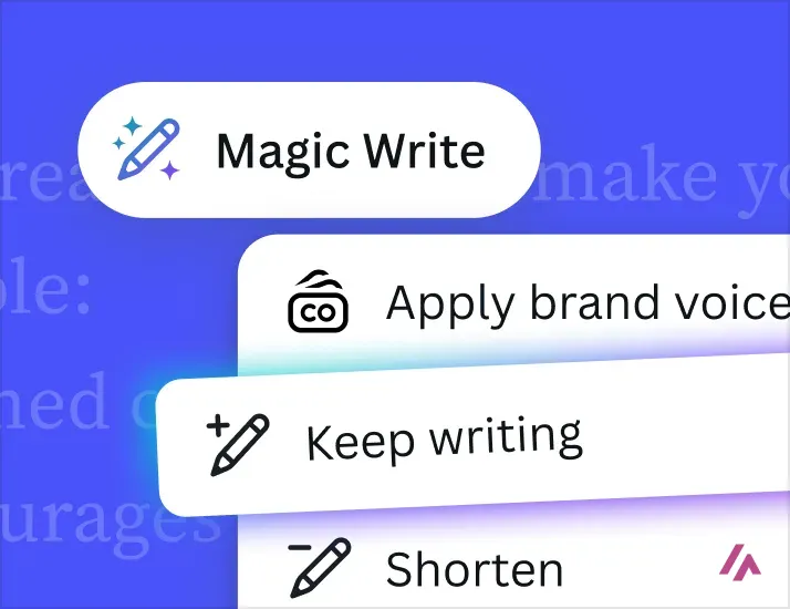 Canva illustration of the Magic Write menu with the Apply brand voice, Keep writing and Shorten options
