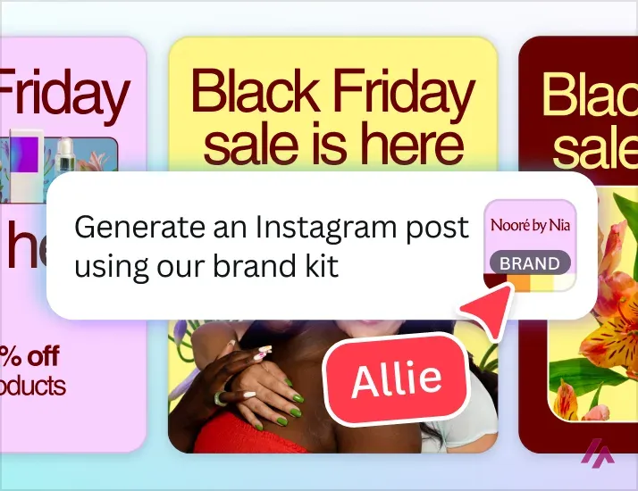 Canva illustration of On-brand Design Generation: a prompt reading Generate an Instagram post using our brand kit, over a set of sale posts