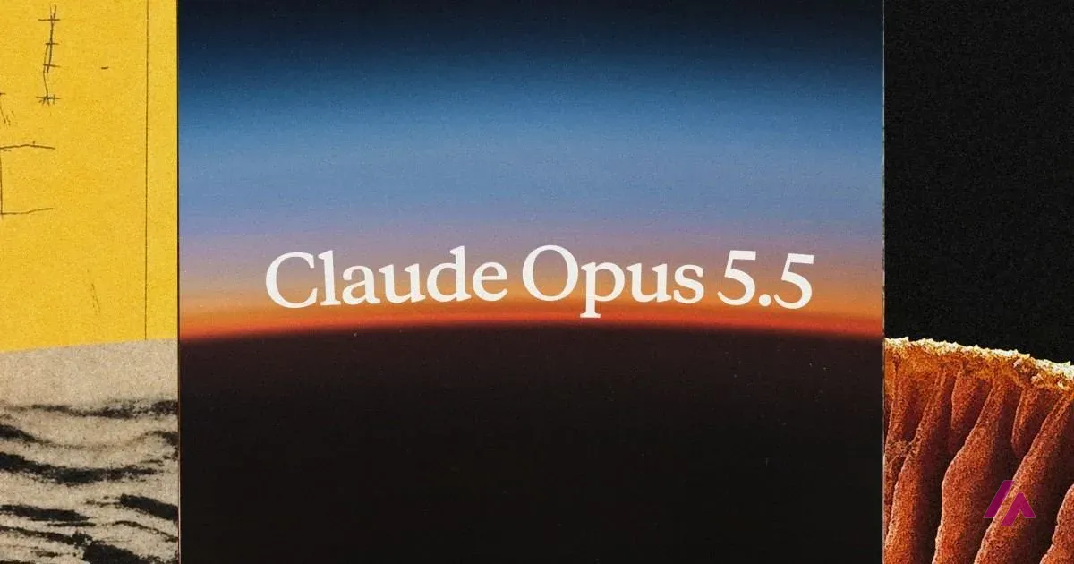 Claude Opus 5.5 written in white over a sunset horizon, between a yellow sketch and an orange texture
