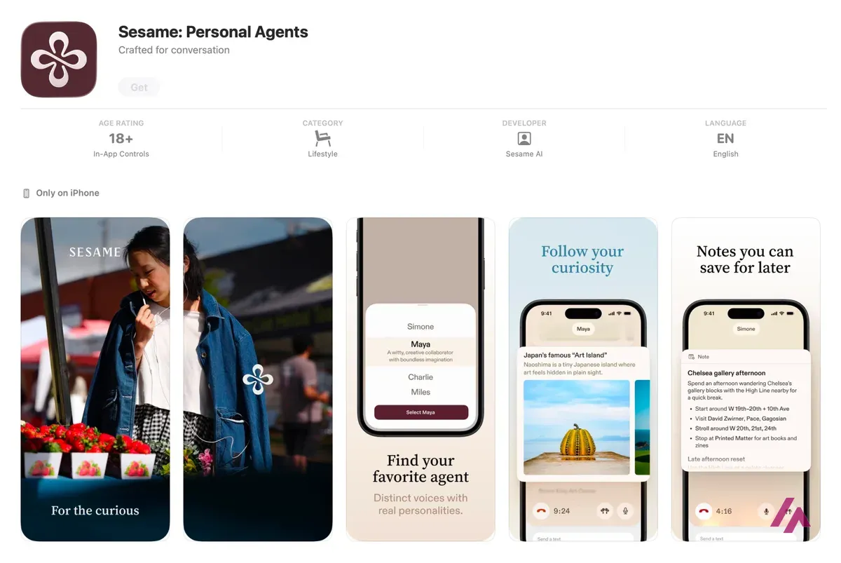 App Store listing for Sesame: Personal Agents, rated 18+, Lifestyle category, developer Sesame AI, English, Only on iPhone, with screenshots showing the agent picker with Simone, Maya, Charlie and Miles