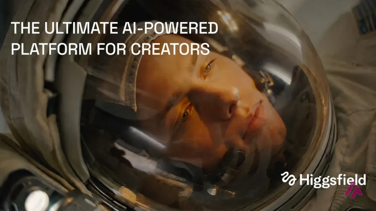 Higgsfield promotional image of an astronaut's face inside a helmet with the slogan 'The ultimate AI-powered platform for creators'