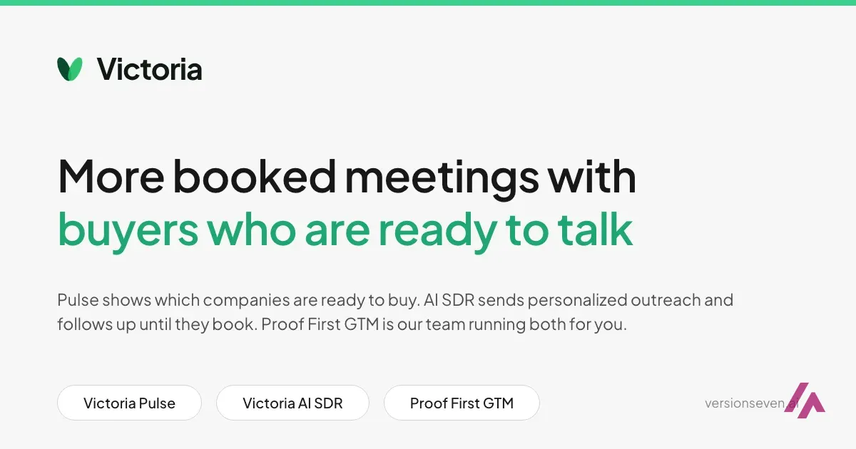 Victoria logo with the line More booked meetings with buyers who are ready to talk, and buttons for Victoria Pulse, Victoria AI SDR and Proof First GTM