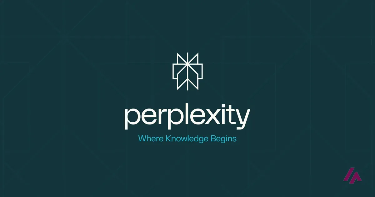 Perplexity logo in white on a dark teal background, with the tagline Where Knowledge Begins
