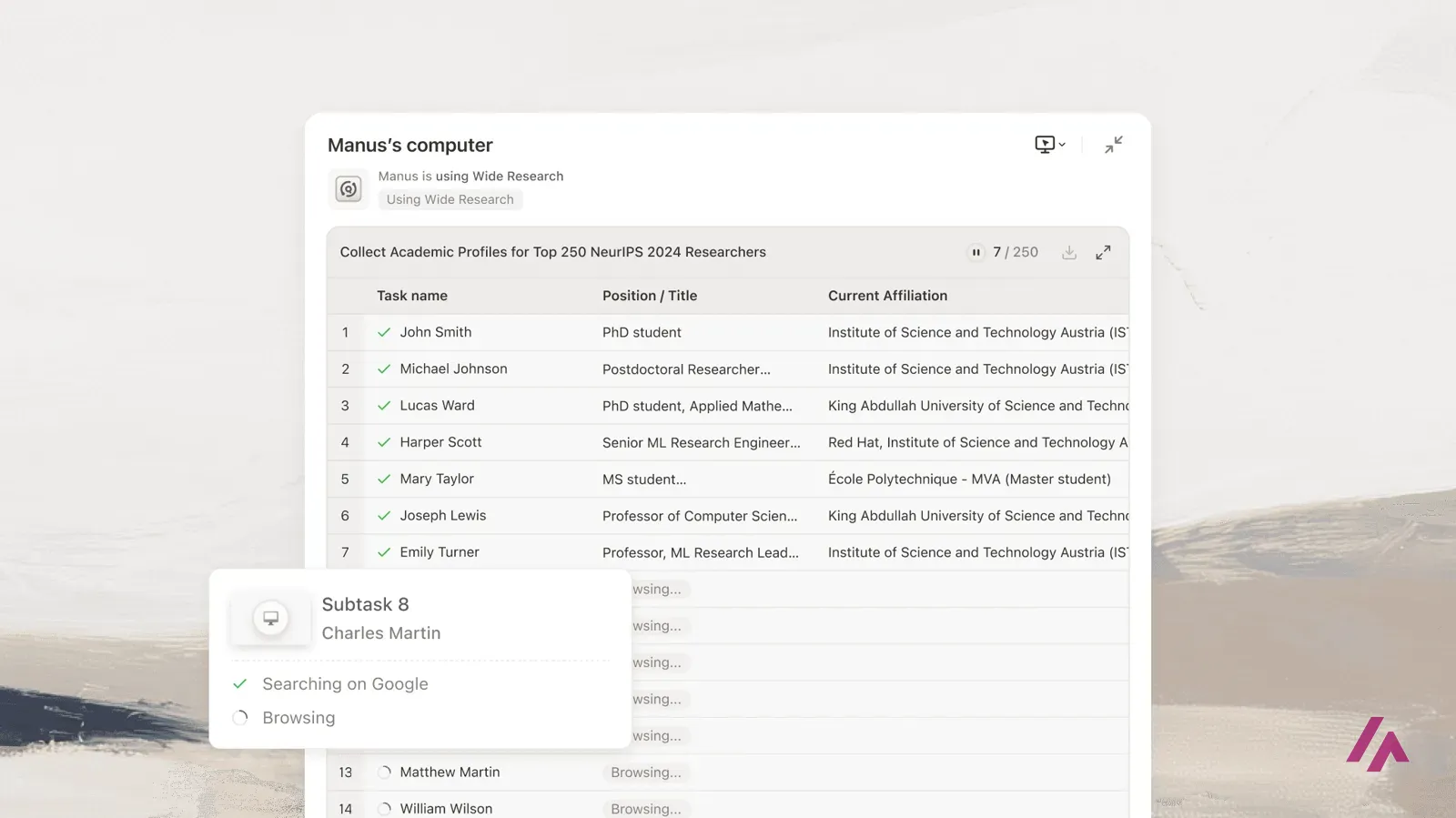 Manus illustration of a window titled Manus's computer, showing Manus using Wide Research, with a table of researcher profiles filling in row by row while a subtask searches on Google and browses