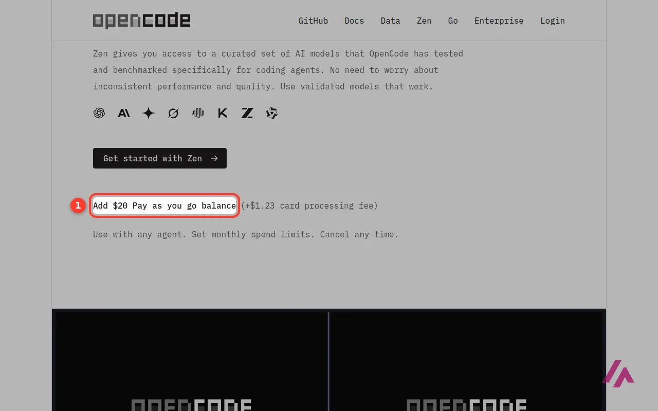 OpenCode Zen page with the line Add $20 Pay as you go balance highlighted as 1, followed by the $1.23 card processing fee and the note Set monthly spend limits