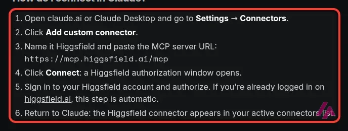 Higgsfield help center with the six steps to connect Claude highlighted, from Settings and Connectors to the connector appearing in the active list