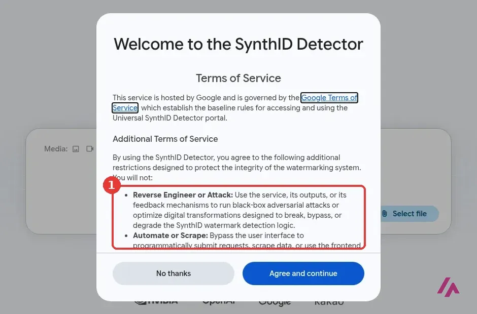 Welcome to the SynthID Detector dialog listing the rules you agree to, including not reverse engineering or attacking the watermark detection and not automating or scraping the tool, highlighted as 1