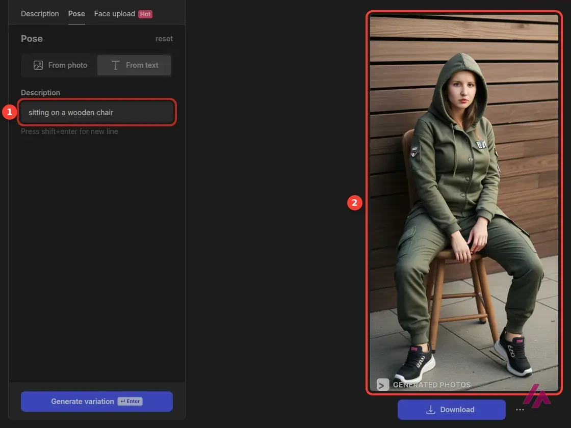 Human Generator Pose tab with From text selected: the pose text ‘sitting on a wooden chair’ marked 1, and the resulting full-body photo of a woman in an olive hooded jacket and cargo pants sitting on a wooden chair marked 2