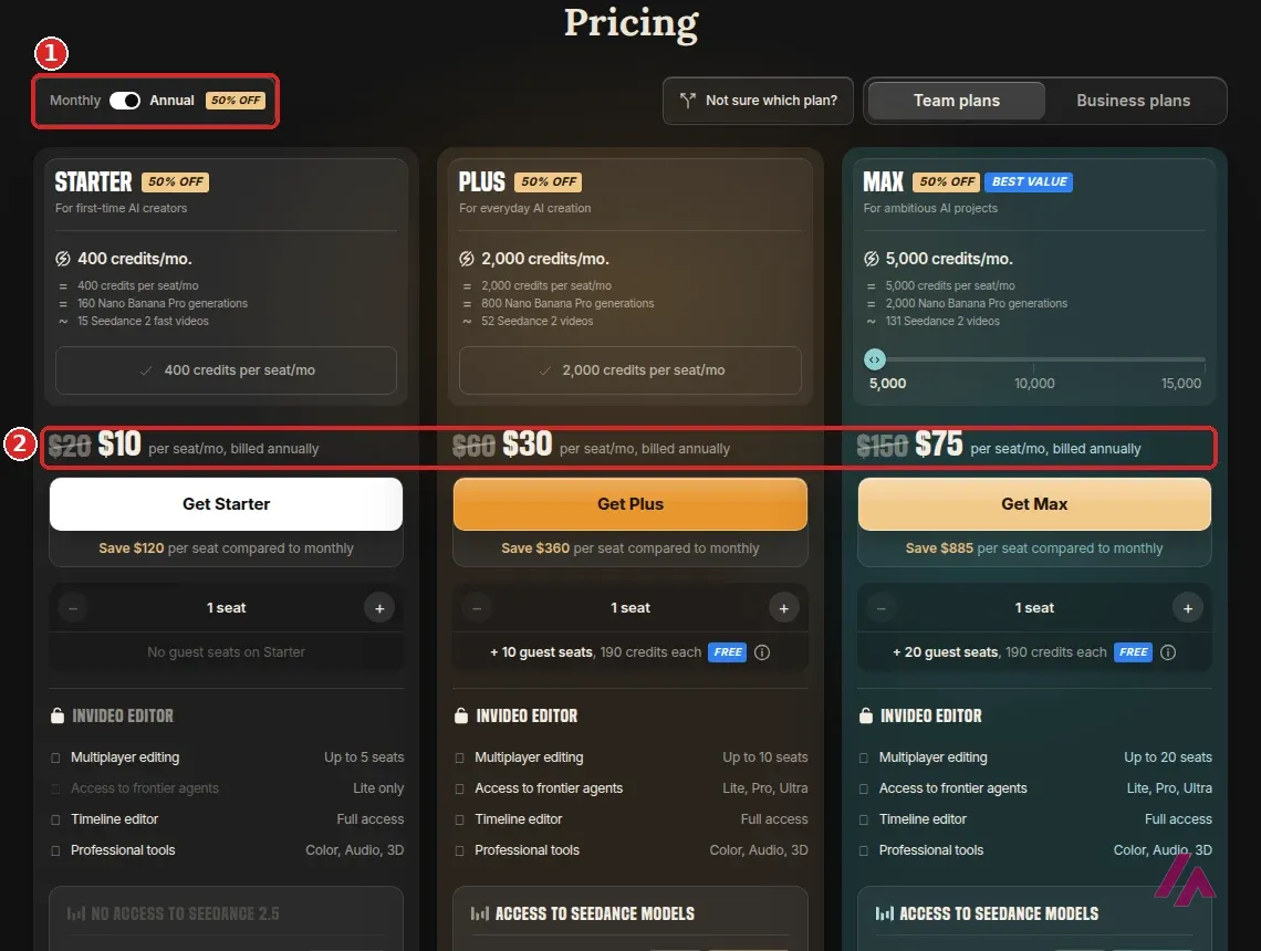 invideo pricing page in dollars with the Monthly and Annual toggle highlighted as 1 and the yearly prices of Starter, Plus and Max, $10, $30 and $75 per seat a month next to the crossed-out $20, $60 and $150, highlighted as 2