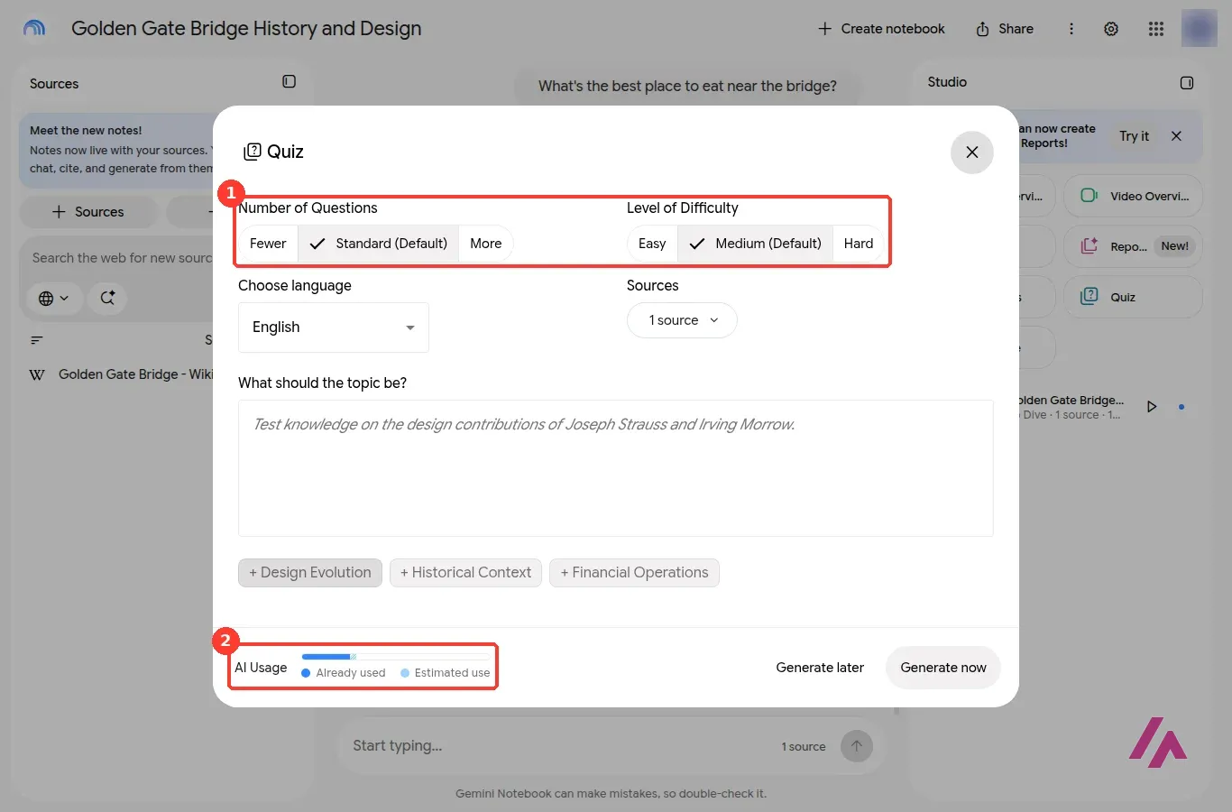 Gemini Notebook Quiz options with Number of Questions set to Standard and Level of Difficulty set to Medium highlighted as 1, and the AI Usage bar highlighted as 2