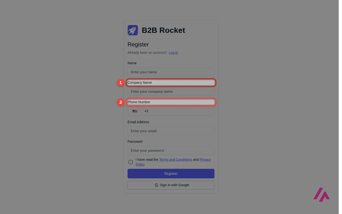 B2B Rocket registration form with the Company Name and Phone Number fields highlighted