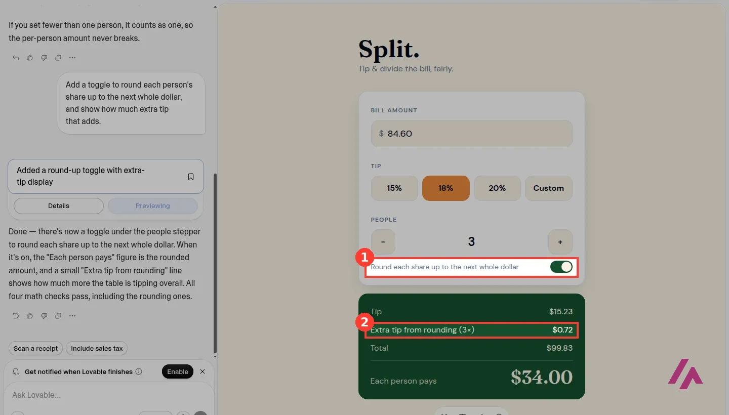 Lovable tip calculator with the new Round each share up to the next whole dollar toggle switched on, highlighted as 1, and the Extra tip from rounding (3×) line showing $0.72, highlighted as 2, above a total of $99.83 and $34.00 per person