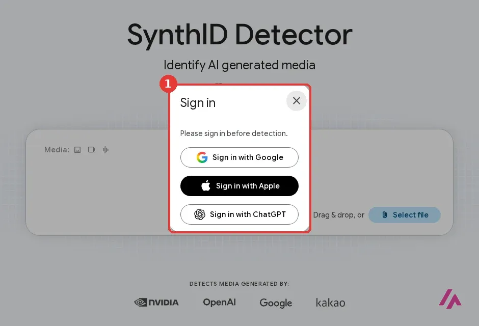 SynthID Detector sign-in window saying please sign in before detection, with buttons to sign in with Google, Apple or ChatGPT, highlighted as 1