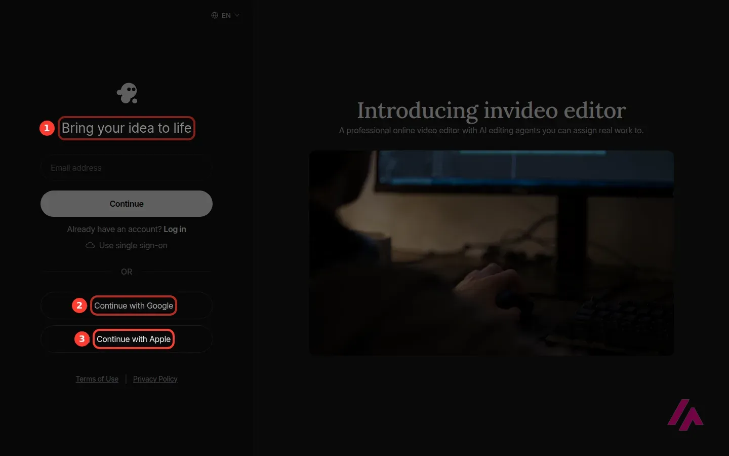 invideo sign-up page with the heading Bring your idea to life highlighted as 1, and the Continue with Google and Continue with Apple buttons highlighted as 2 and 3