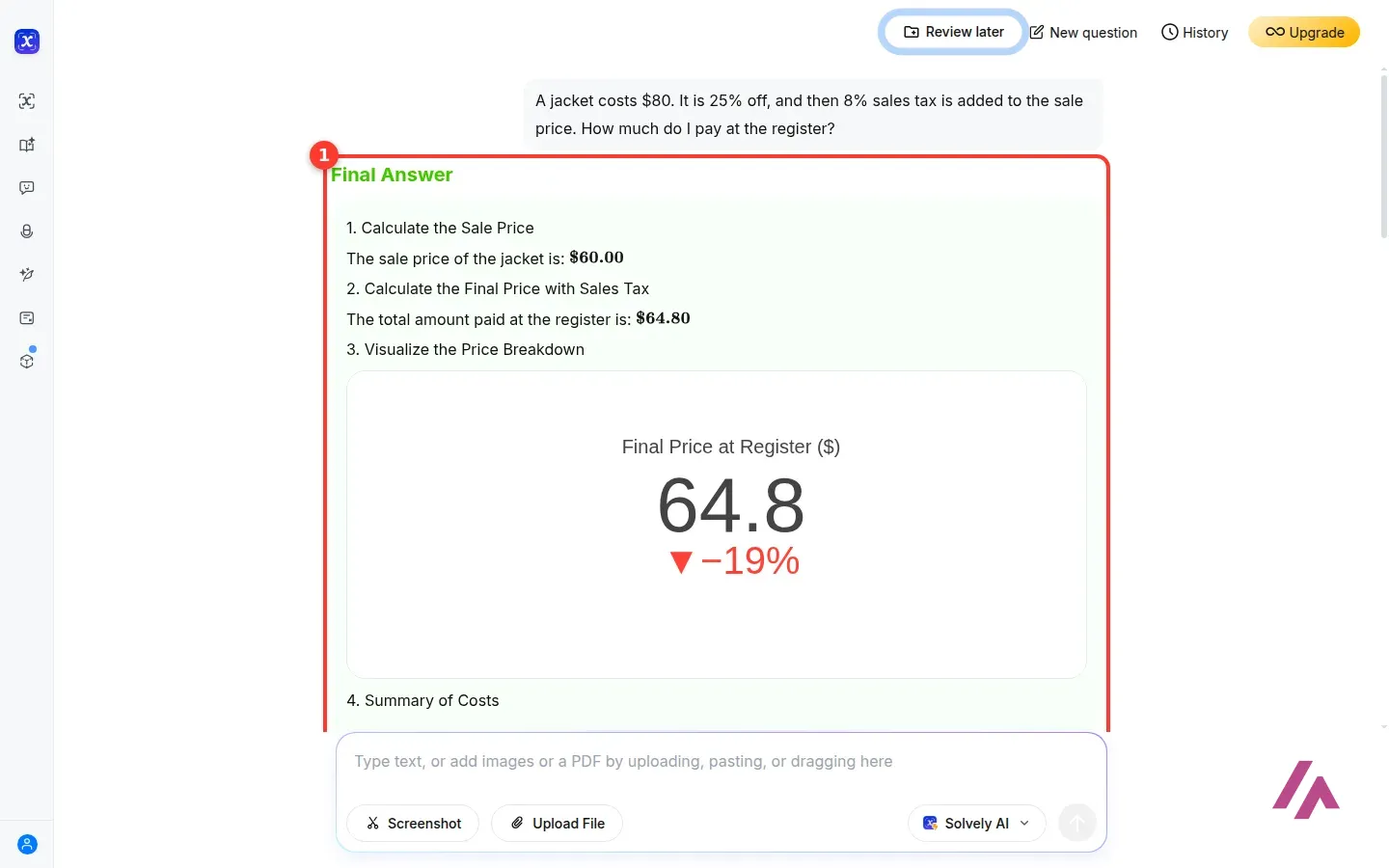 Solvely final answer for a jacket discount problem, highlighted as 1, showing a sale price of 60 dollars, a total of 64.80 dollars at the register and a card reading Final Price at Register 64.8