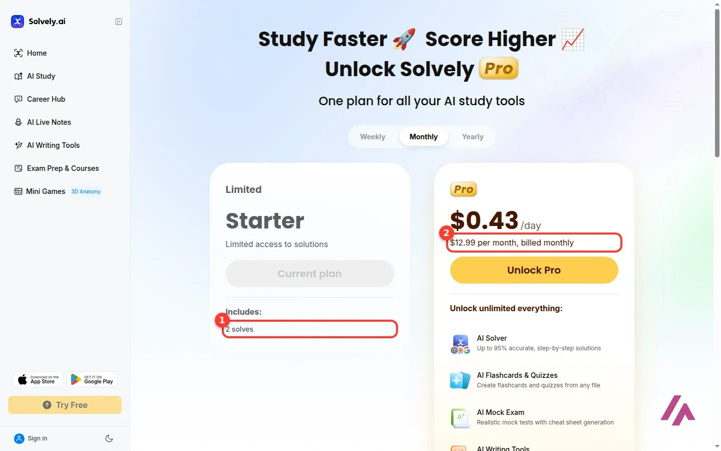 Solvely pricing page on the Monthly tab, with the free Starter plan's 2 solves highlighted as 1 and Pro at 12.99 dollars per month, billed monthly, highlighted as 2