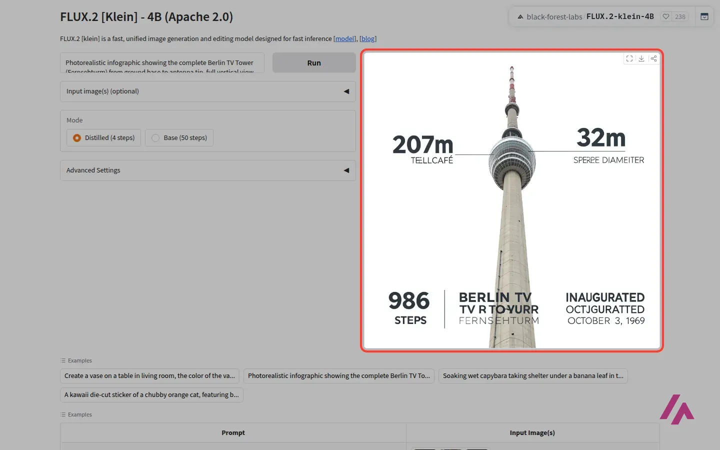 FLUX.2 Klein 4B demo showing its infographic example of the Berlin TV Tower, with several labels misspelled, highlighted