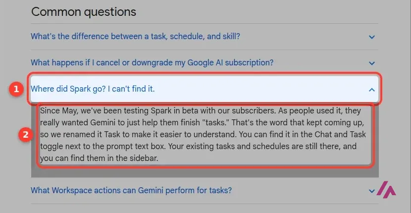 Gemini Apps Help page with the question Where did Spark go expanded and Google's answer that Spark was renamed Task and now sits in the Chat and Task toggle, both highlighted