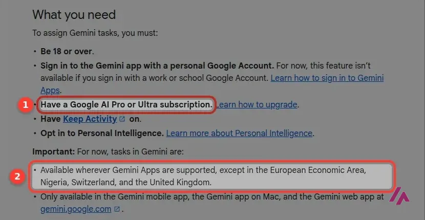 Gemini Apps Help list of requirements for tasks in Gemini, with Have a Google AI Pro or Ultra subscription and the line on where tasks are available highlighted