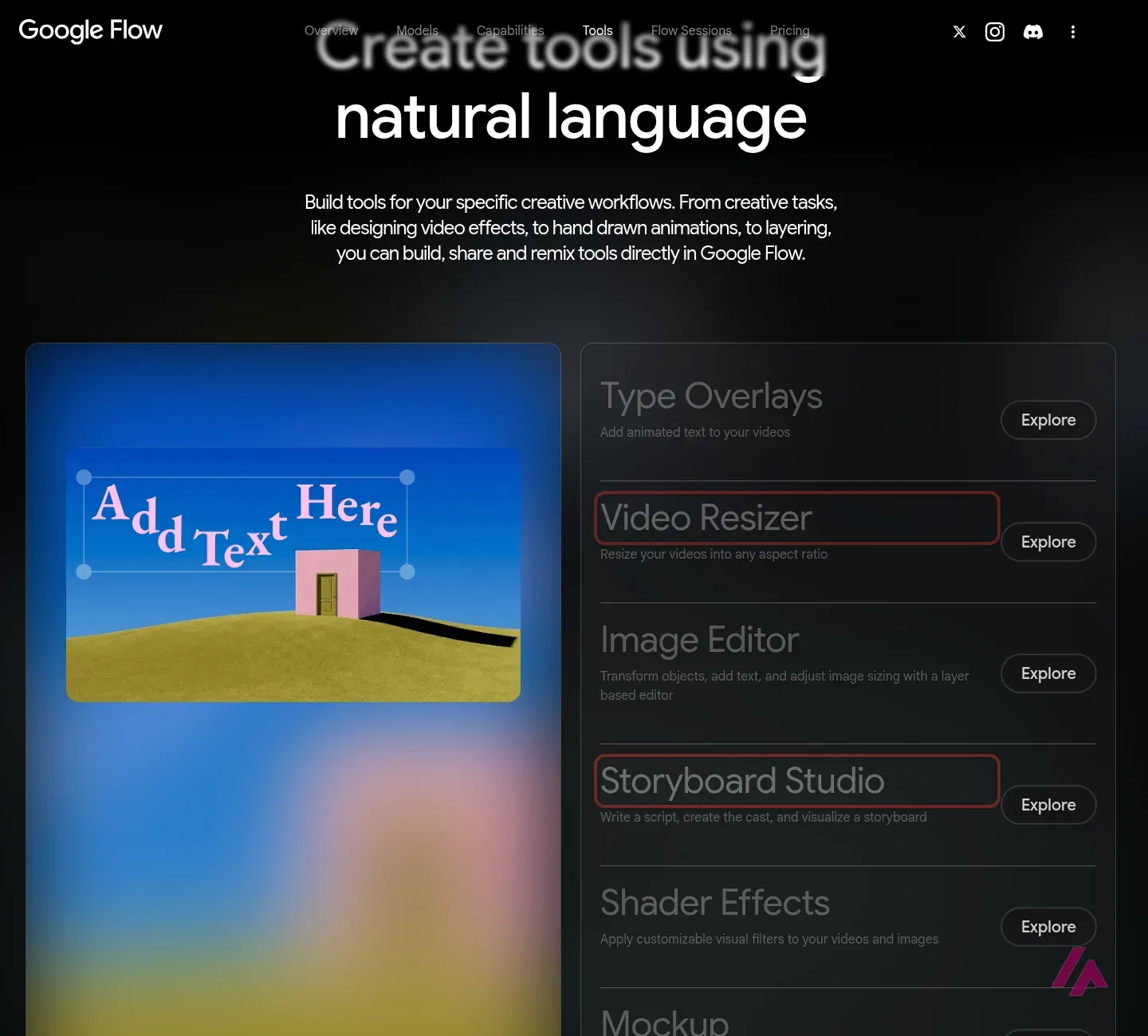 Tools section of the Google Flow site listing Type Overlays, Video Resizer, Image Editor, Storyboard Studio and Shader Effects, with Video Resizer and Storyboard Studio highlighted