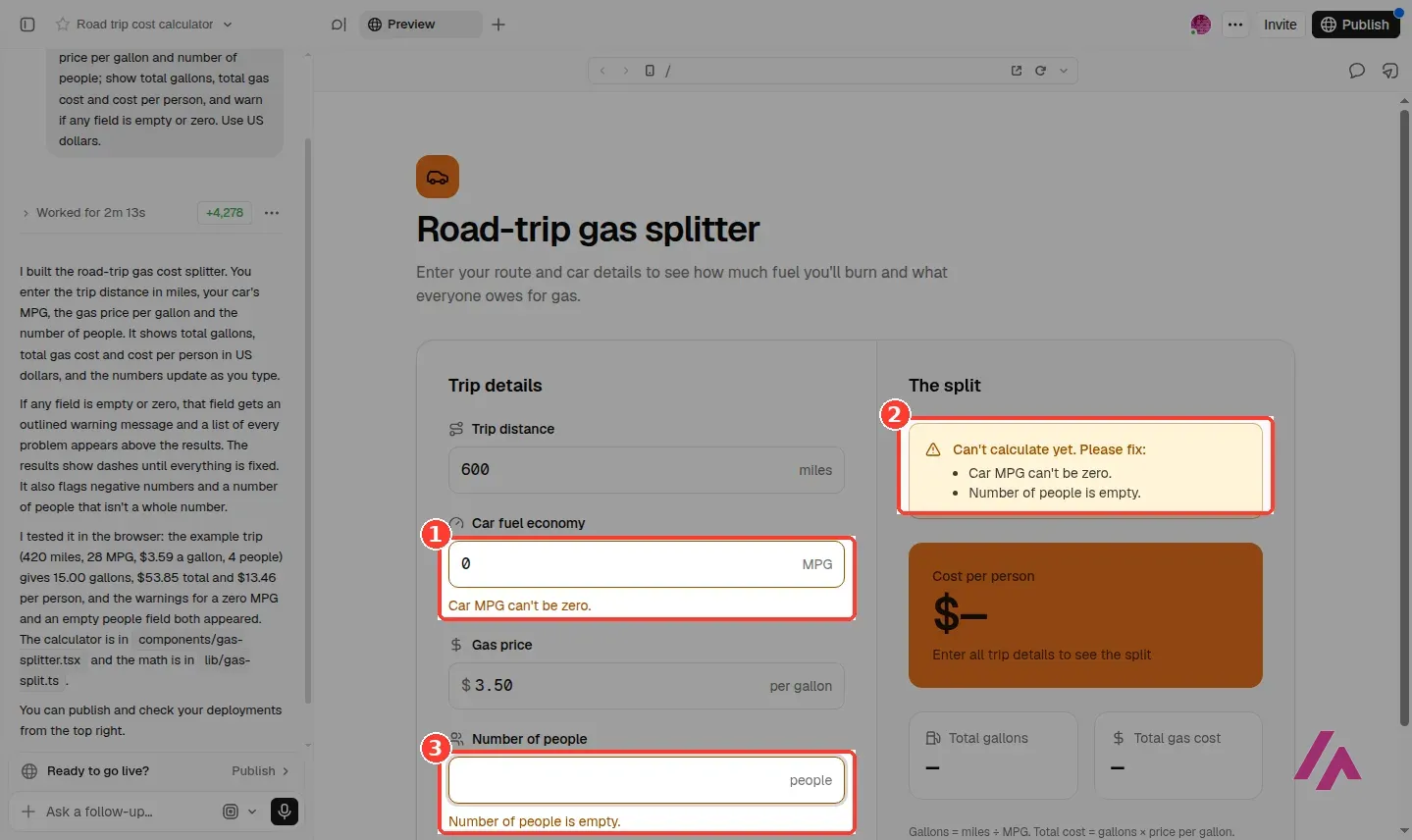 v0 gas splitter with MPG set to 0 and the warning Car MPG can't be zero highlighted as 1, the list Can't calculate yet, Please fix with two problems highlighted as 2, and the empty people field with Number of people is empty highlighted as 3
