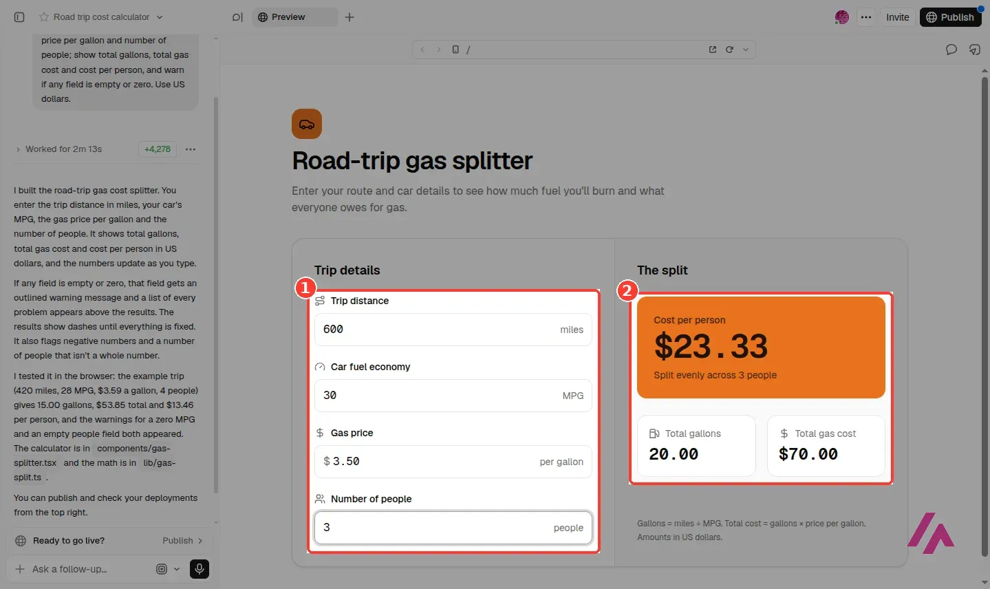 v0 chat on the left and the Road-trip gas splitter app on the right, with 600 miles, 30 MPG, $3.50 per gallon and 3 people highlighted as 1, and $23.33 per person, 20.00 total gallons and $70.00 total gas cost highlighted as 2